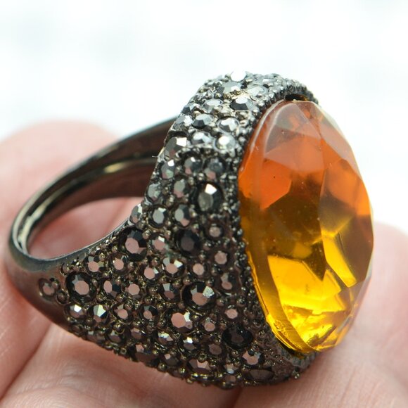 Vintage Kenneth Jay Lane KJL Gunmetal Crystal Ring - Picture 6 of 7